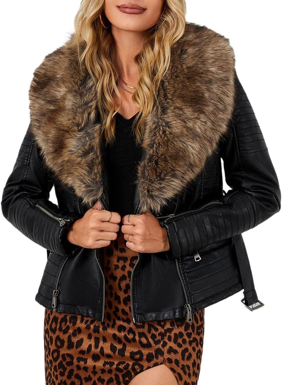 imageBellivera Womens Faux Leather Jacket Moto Biker SherpaLined Coat with Removable Fur CollarBlacknatural With Belt