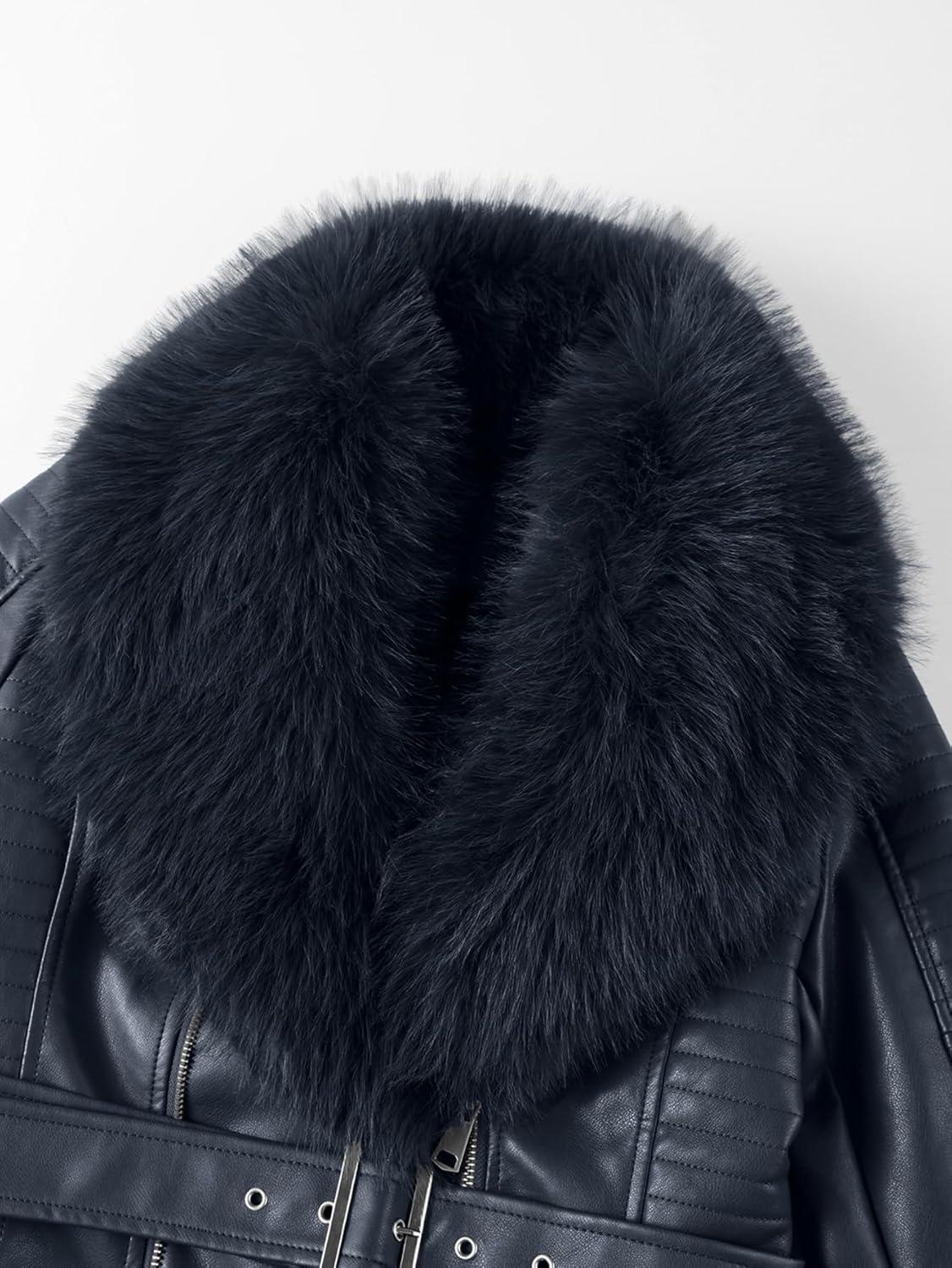 imageBellivera Womens Faux Leather Jacket Moto Biker SherpaLined Coat with Removable Fur CollarBlue Jacket