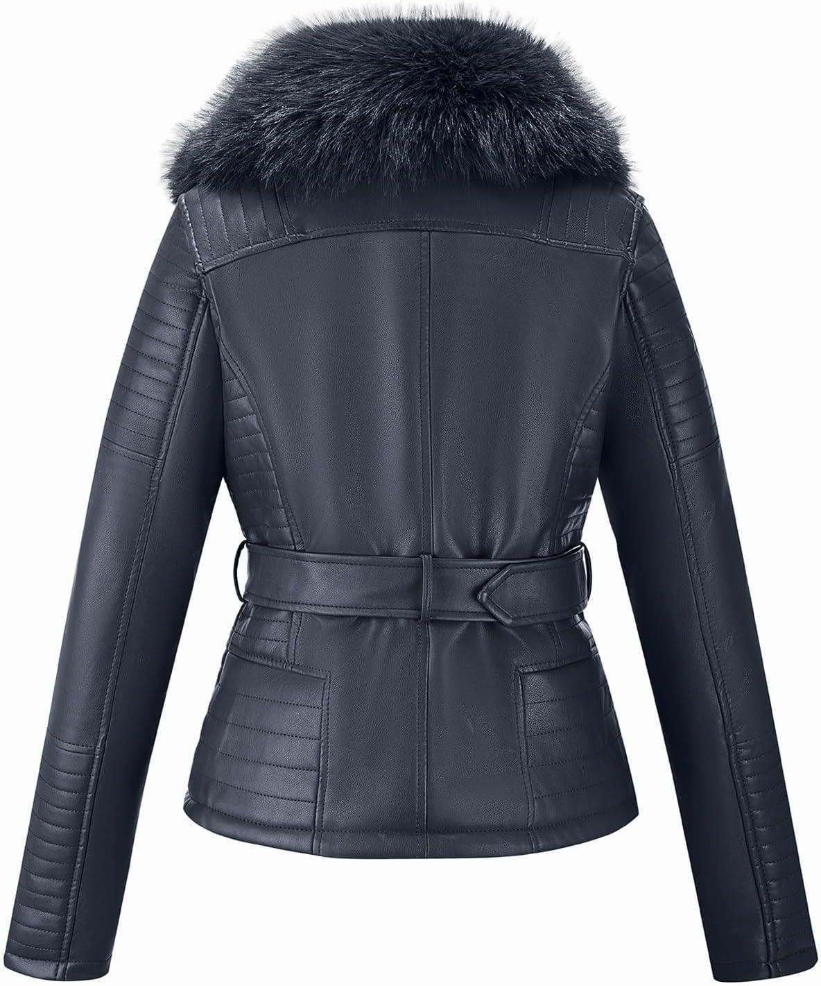 imageBellivera Womens Faux Leather Jacket Moto Biker SherpaLined Coat with Removable Fur CollarBlue Jacket