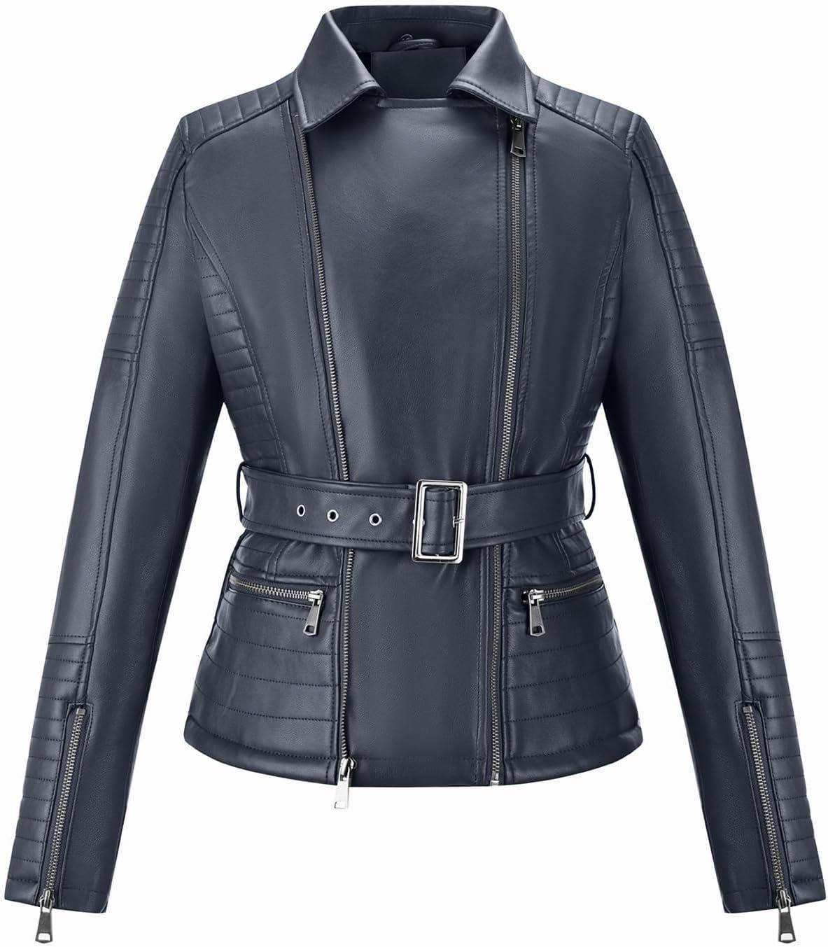 imageBellivera Womens Faux Leather Jacket Moto Biker SherpaLined Coat with Removable Fur CollarBlue Jacket