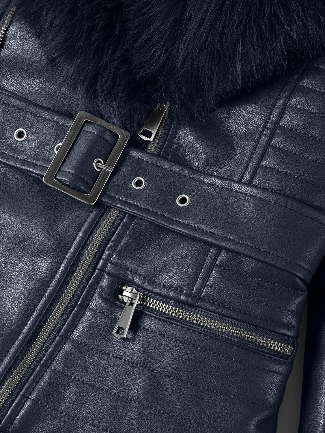 imageBellivera Womens Faux Leather Jacket Moto Biker SherpaLined Coat with Removable Fur CollarBlue Jacket