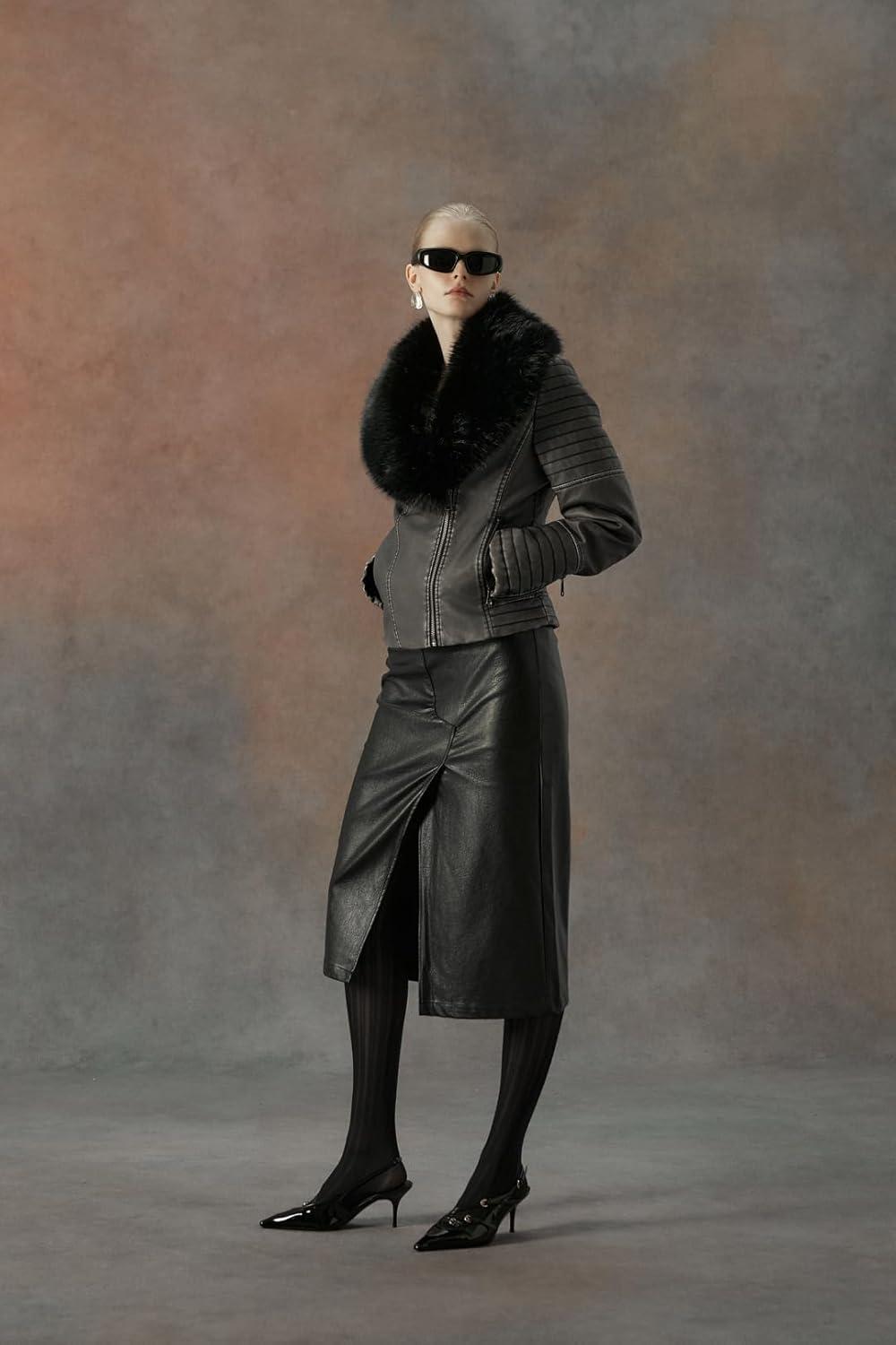 imageBellivera Womens Faux Leather Jacket Moto Biker SherpaLined Coat with Removable Fur CollarGrey