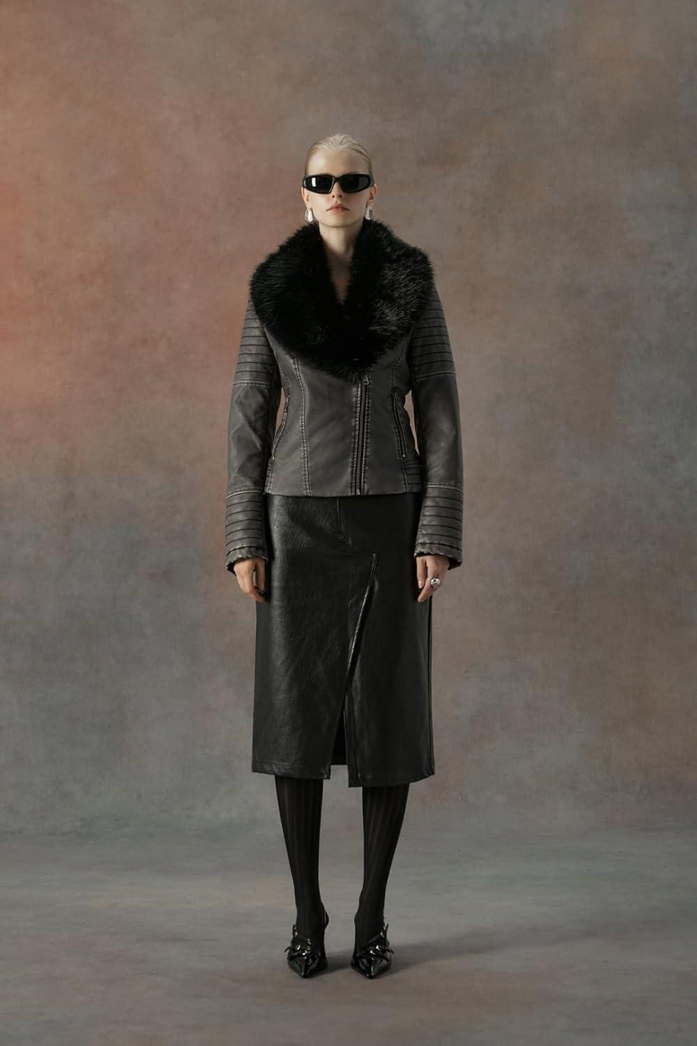 imageBellivera Womens Faux Leather Jacket Moto Biker SherpaLined Coat with Removable Fur CollarGrey