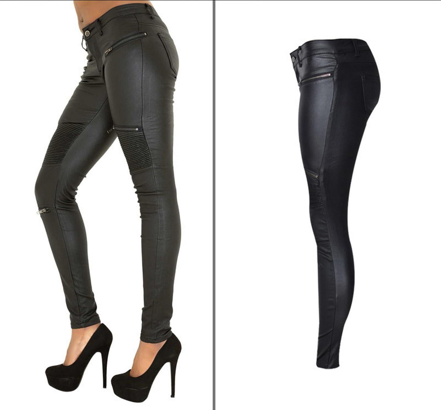 imageBlack Pants PU Leather Coated Denim Pants for Women Sexy Tight Stretchy Rider LeggingsBlack