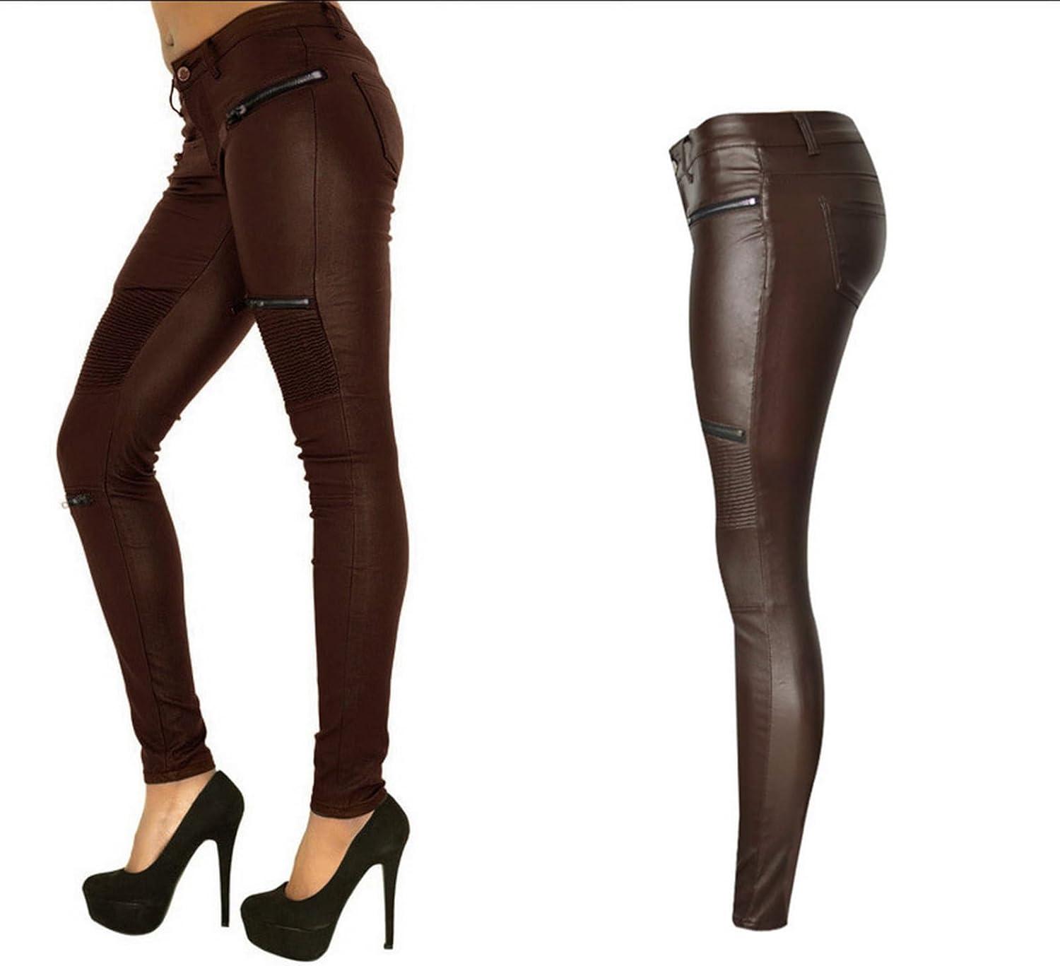 imageBlack Pants PU Leather Coated Denim Pants for Women Sexy Tight Stretchy Rider LeggingsCoffee