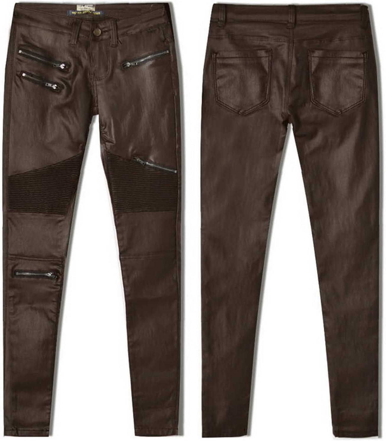 imageBlack Pants PU Leather Coated Denim Pants for Women Sexy Tight Stretchy Rider LeggingsCoffee