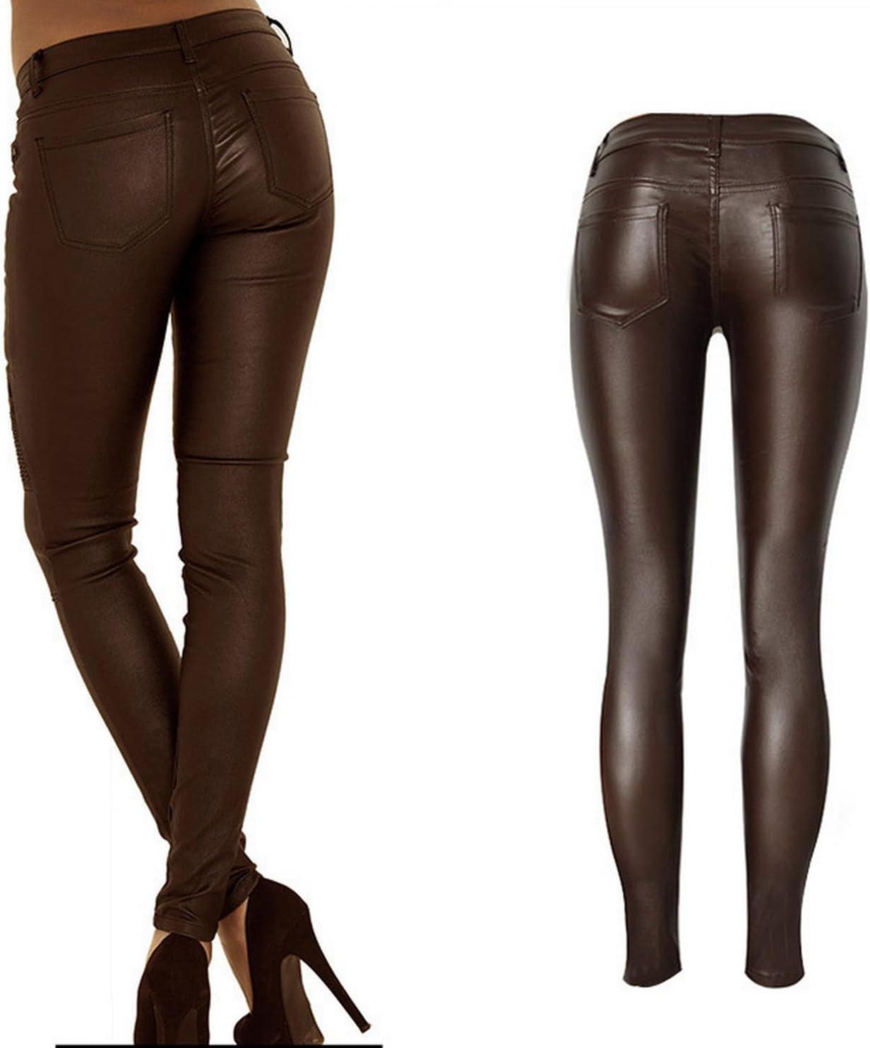 imageBlack Pants PU Leather Coated Denim Pants for Women Sexy Tight Stretchy Rider LeggingsCoffee