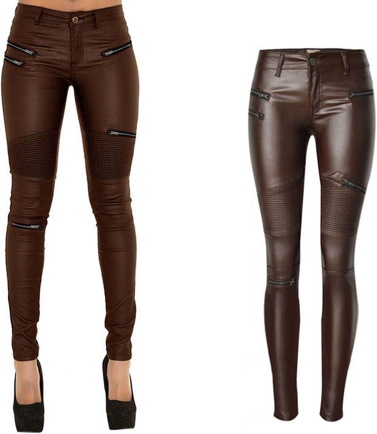imageBlack Pants PU Leather Coated Denim Pants for Women Sexy Tight Stretchy Rider LeggingsCoffee
