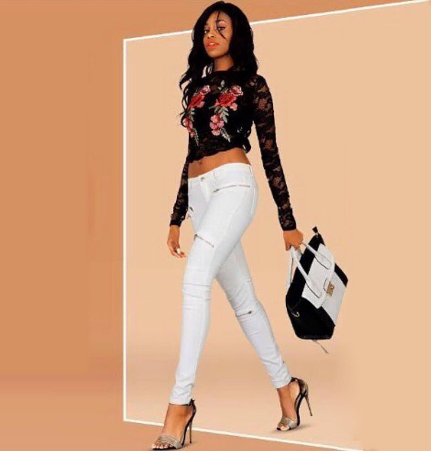 imageBlack Pants PU Leather Coated Denim Pants for Women Sexy Tight Stretchy Rider LeggingsWhite