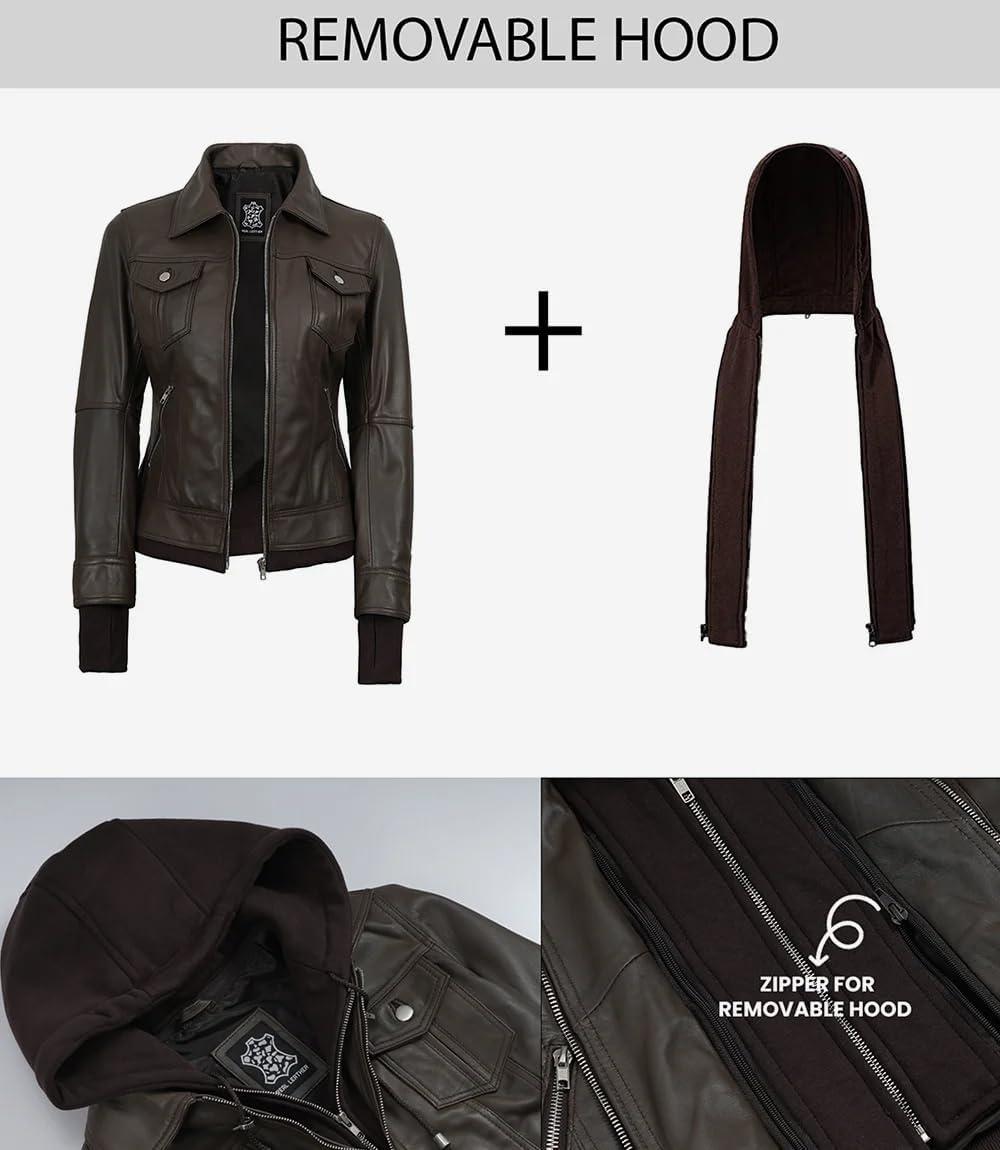 imageBlingsoul Hooded Leather Jacket Women Real Lambskin Womens Leather Jackets with Detachable HoodEspresso Brown Betty Jacket