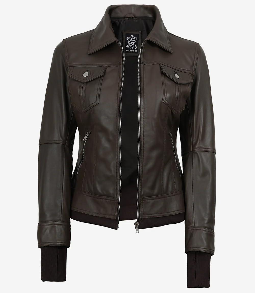 imageBlingsoul Hooded Leather Jacket Women Real Lambskin Womens Leather Jackets with Detachable HoodEspresso Brown Betty Jacket