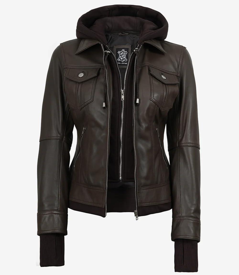 imageBlingsoul Hooded Leather Jacket Women Real Lambskin Womens Leather Jackets with Detachable HoodEspresso Brown Betty Jacket