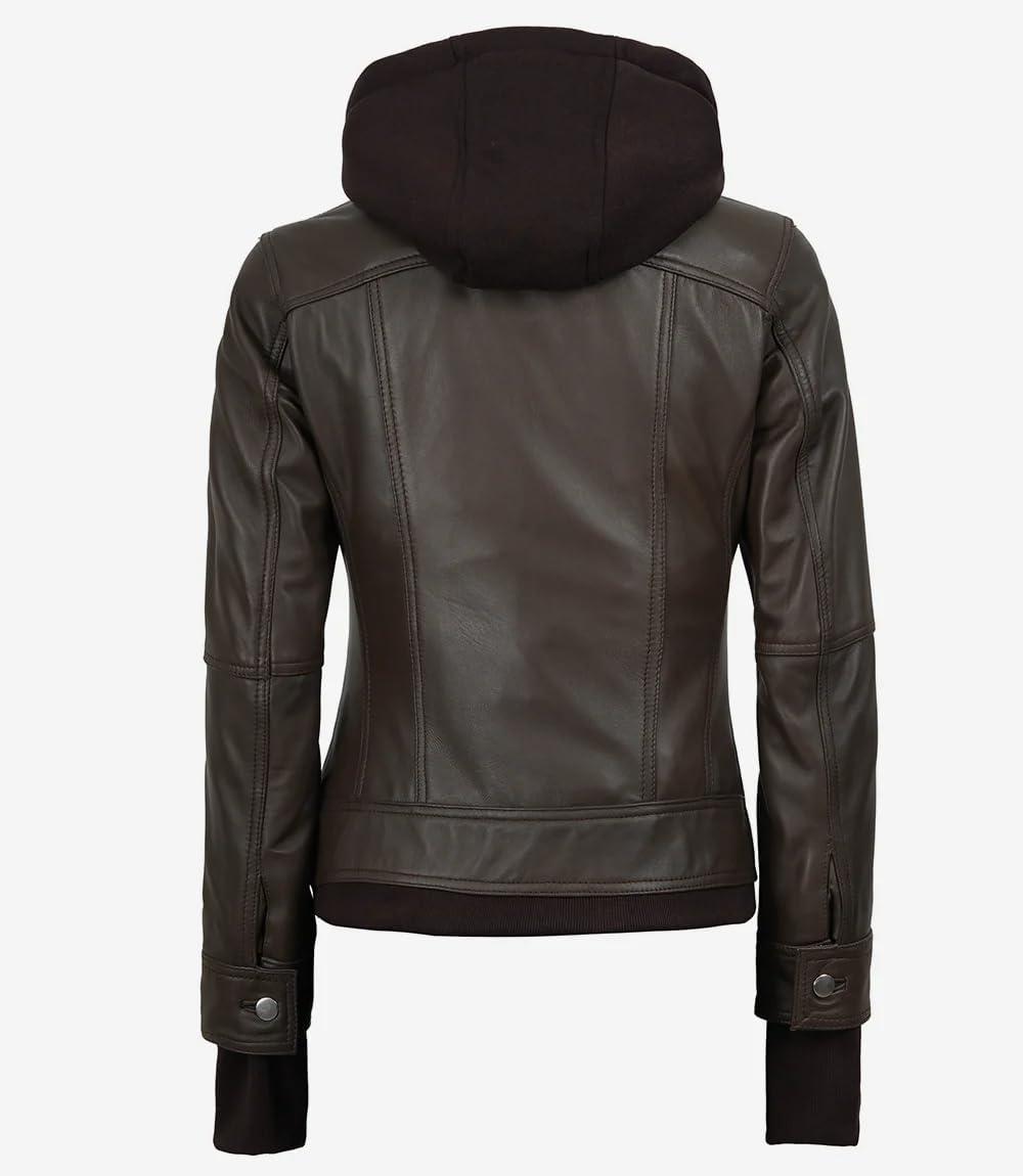 imageBlingsoul Hooded Leather Jacket Women Real Lambskin Womens Leather Jackets with Detachable HoodEspresso Brown Betty Jacket