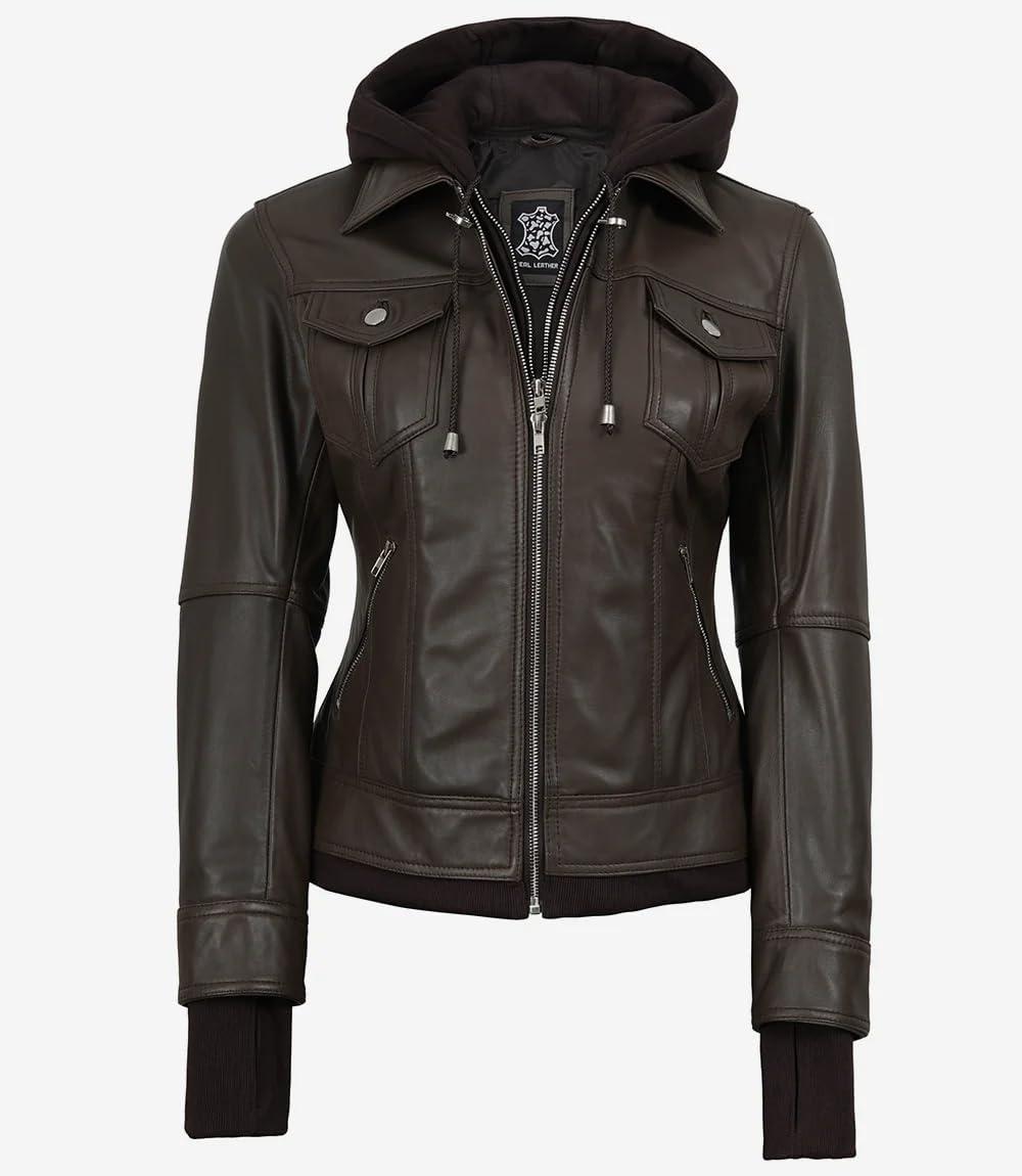 imageBlingsoul Hooded Leather Jacket Women Real Lambskin Womens Leather Jackets with Detachable HoodEspresso Brown Betty Jacket
