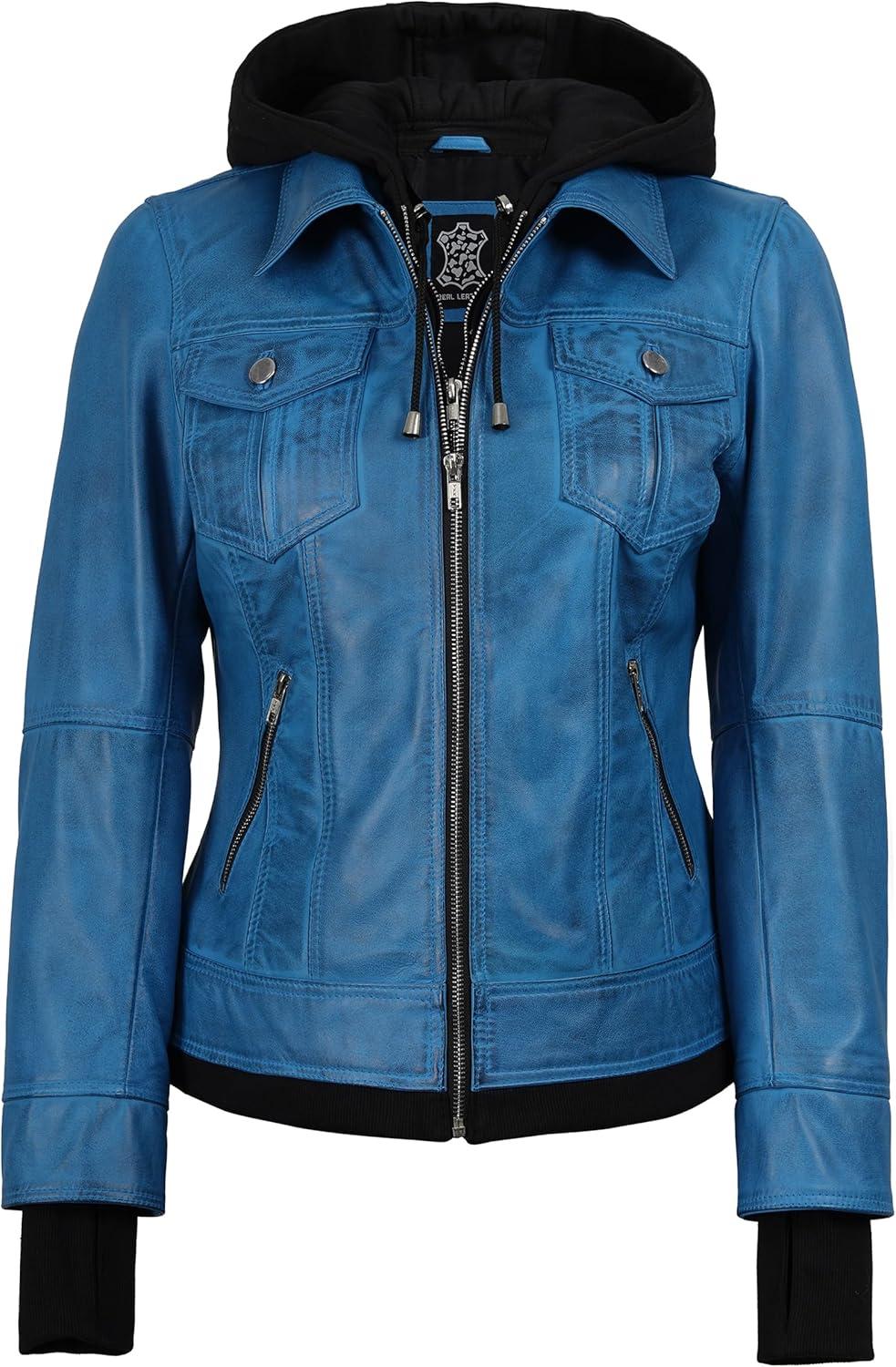imageBlingsoul Hooded Leather Jacket Women Real Lambskin Womens Leather Jackets with Detachable HoodVivid Blue Betty Jacket