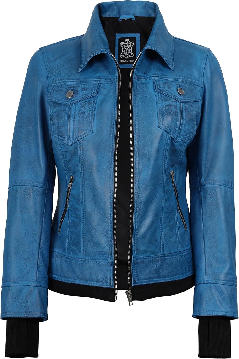 imageBlingsoul Hooded Leather Jacket Women Real Lambskin Womens Leather Jackets with Detachable HoodVivid Blue Betty Jacket