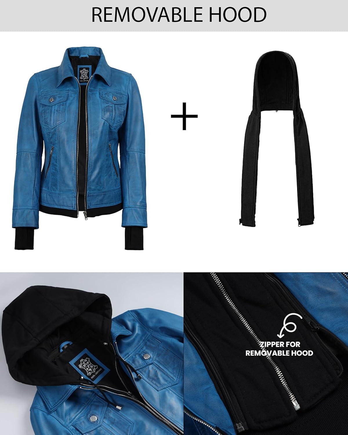 imageBlingsoul Hooded Leather Jacket Women Real Lambskin Womens Leather Jackets with Detachable HoodVivid Blue Betty Jacket