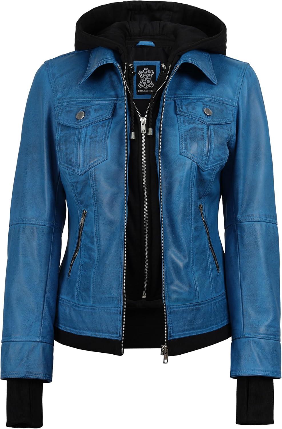 imageBlingsoul Hooded Leather Jacket Women Real Lambskin Womens Leather Jackets with Detachable HoodVivid Blue Betty Jacket