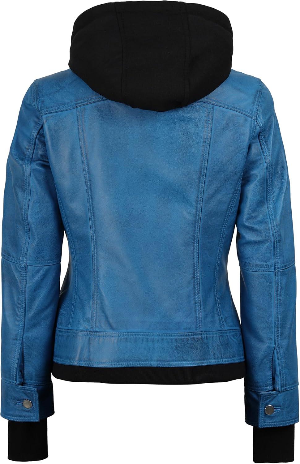imageBlingsoul Hooded Leather Jacket Women Real Lambskin Womens Leather Jackets with Detachable HoodVivid Blue Betty Jacket