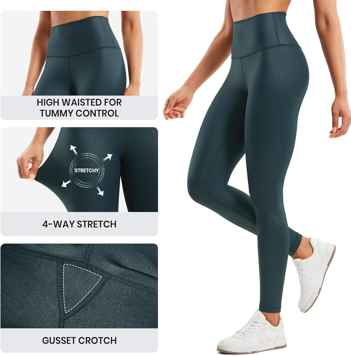 imageCRZ YOGA Matte Faux Leather Leggings 28 Butterluxe High Waisted Stretch Ankle Womens Leather Pants Pleather TightsForest Dark Green Foil Pattern