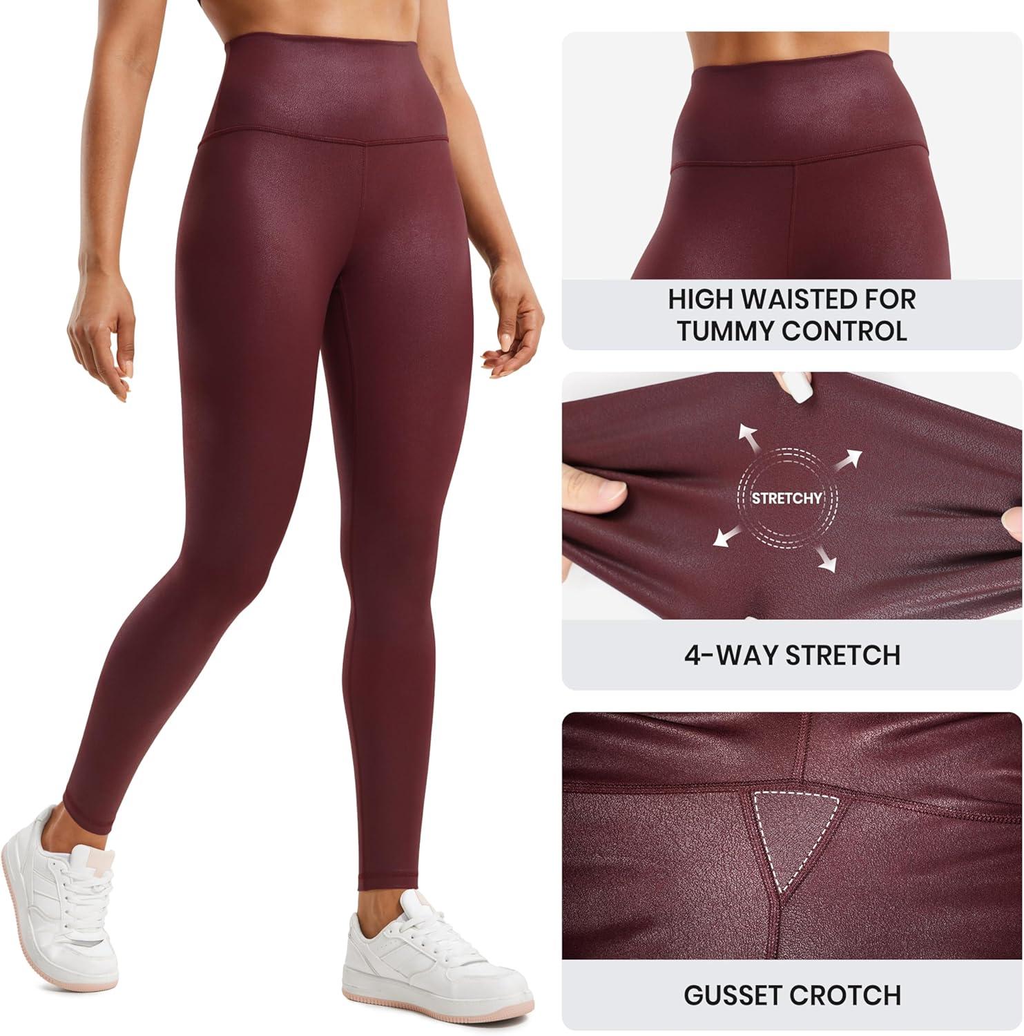 imageCRZ YOGA Matte Faux Leather Leggings 28 Butterluxe High Waisted Stretch Ankle Womens Leather Pants Pleather TightsRed Merlot Foil Pattern