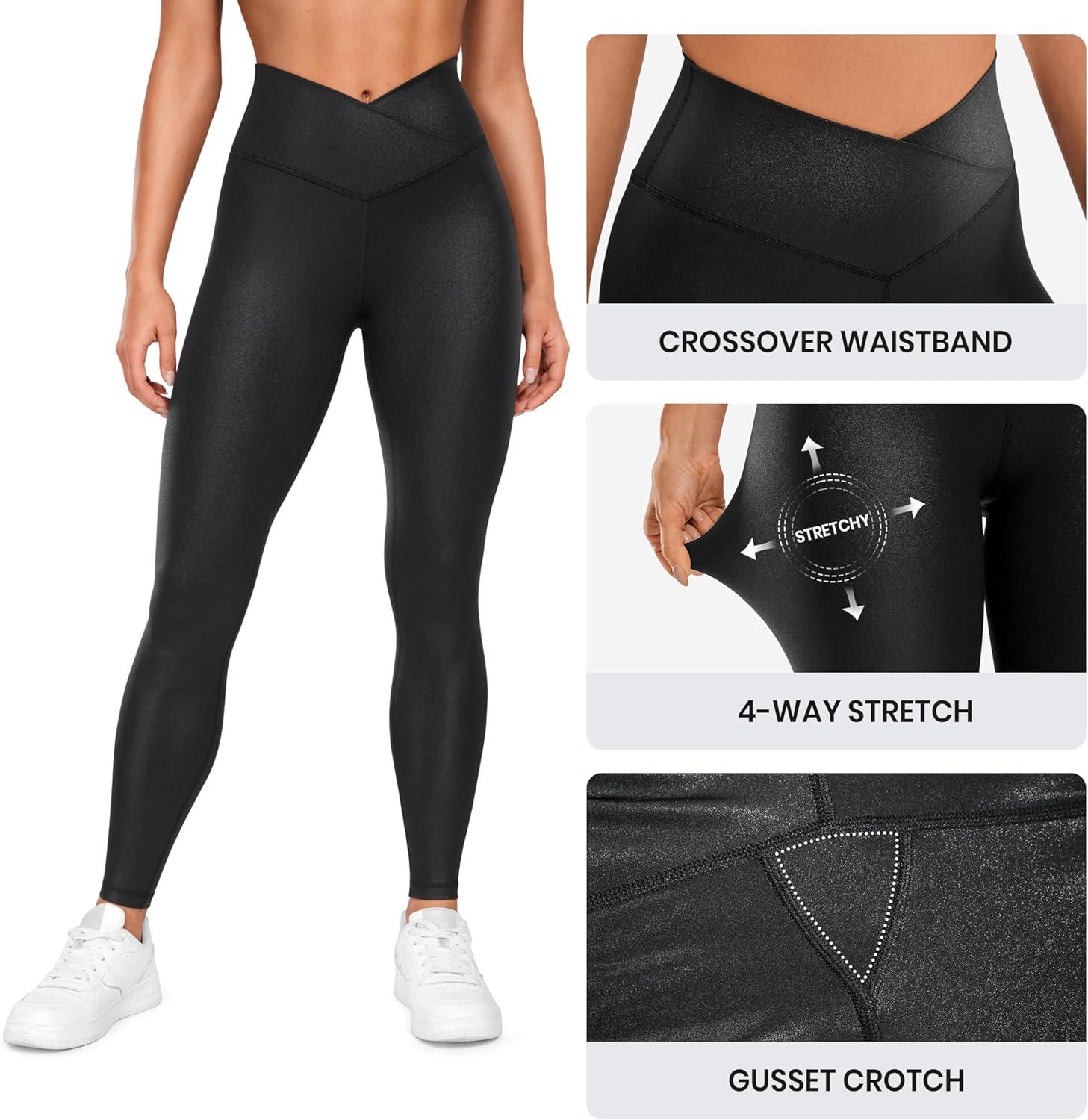 imageCRZ YOGA Womens Butterluxe Matte Faux Leather Cross Waist Leggings 28 V Crossover High Waisted LoungeBlack Classic