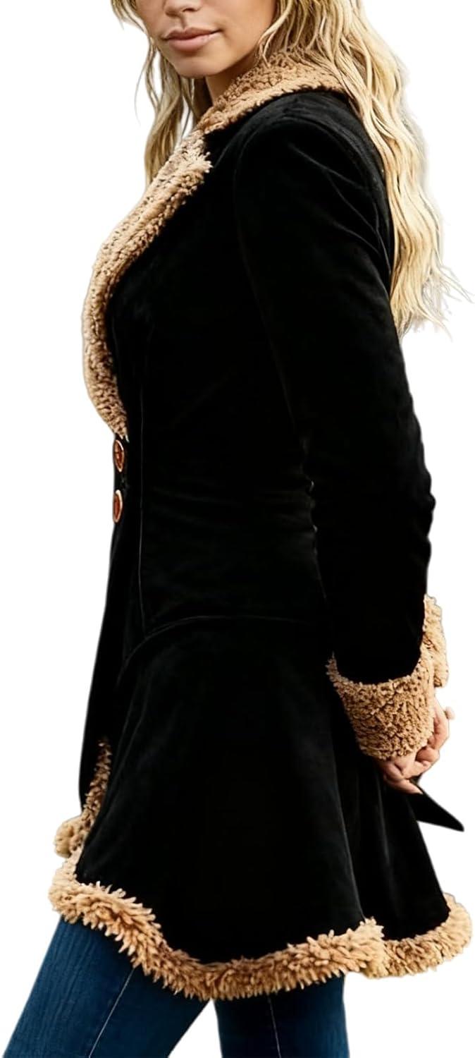imageCanbebig Suede Jackets for Women Sherpa Lined Suede Jacket Notch Lapel Button Down Coat Fuzzy Faux Fur Trim Beggar Style CoatAblack