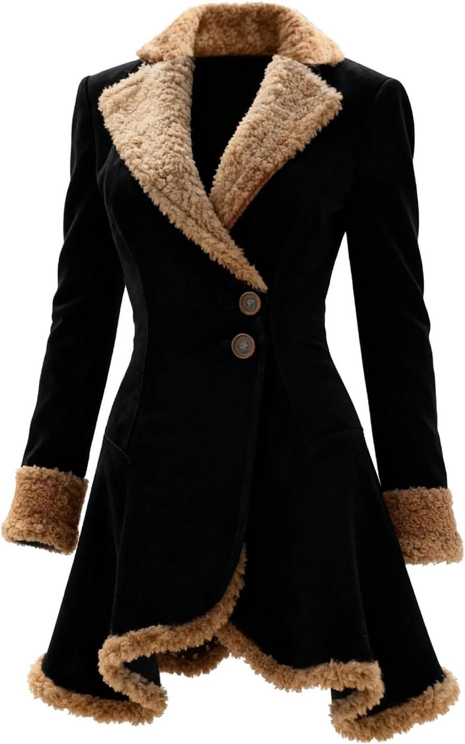 imageCanbebig Suede Jackets for Women Sherpa Lined Suede Jacket Notch Lapel Button Down Coat Fuzzy Faux Fur Trim Beggar Style CoatAblack