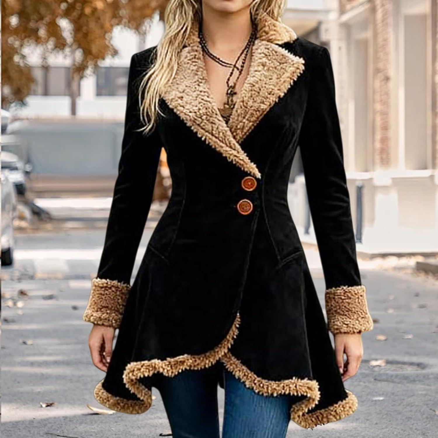 imageCanbebig Suede Jackets for Women Sherpa Lined Suede Jacket Notch Lapel Button Down Coat Fuzzy Faux Fur Trim Beggar Style CoatAblack