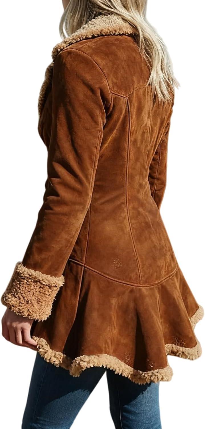 imageCanbebig Suede Jackets for Women Sherpa Lined Suede Jacket Notch Lapel Button Down Coat Fuzzy Faux Fur Trim Beggar Style CoatAbrown