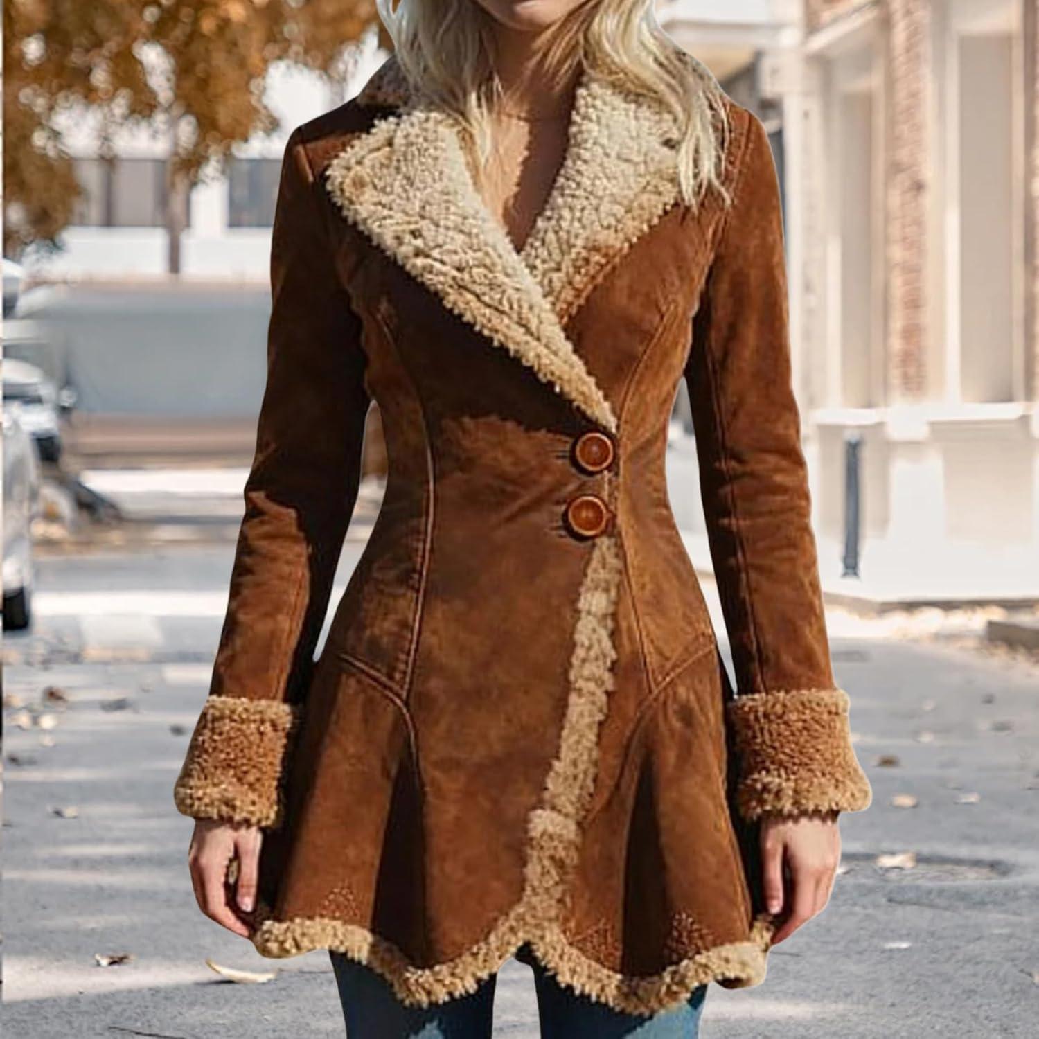 imageCanbebig Suede Jackets for Women Sherpa Lined Suede Jacket Notch Lapel Button Down Coat Fuzzy Faux Fur Trim Beggar Style CoatAbrown