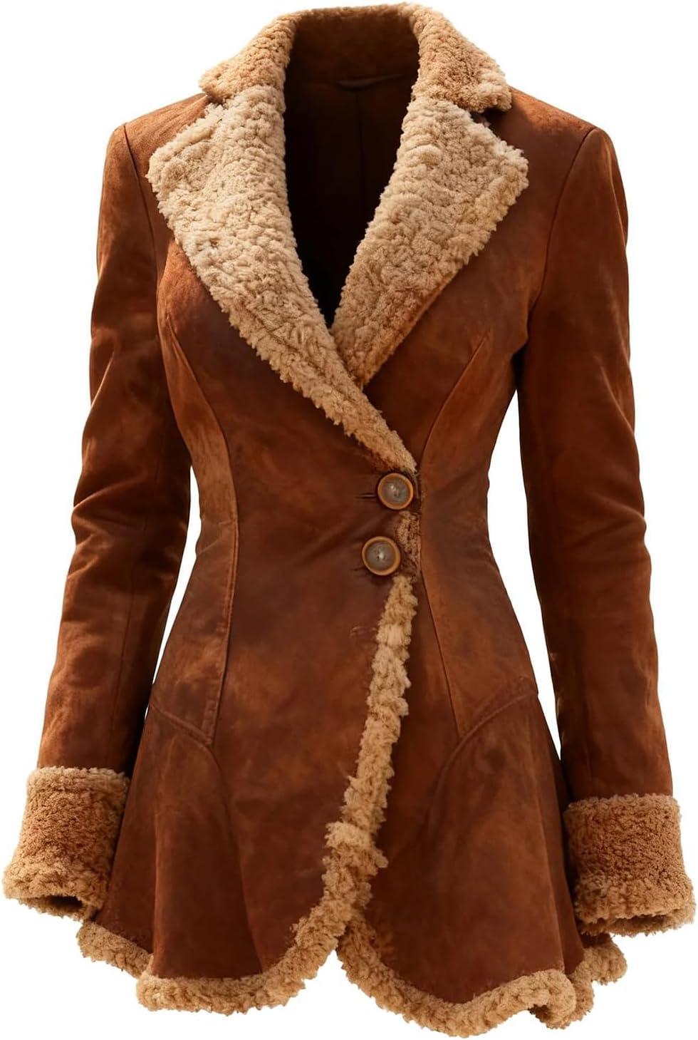 imageCanbebig Suede Jackets for Women Sherpa Lined Suede Jacket Notch Lapel Button Down Coat Fuzzy Faux Fur Trim Beggar Style CoatAbrown