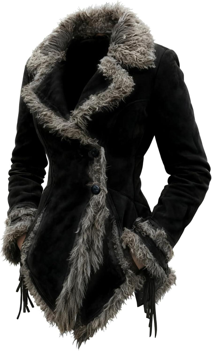 imageCanbebig Suede Jackets for Women Sherpa Lined Suede Jacket Notch Lapel Button Down Coat Fuzzy Faux Fur Trim Beggar Style CoatBlack