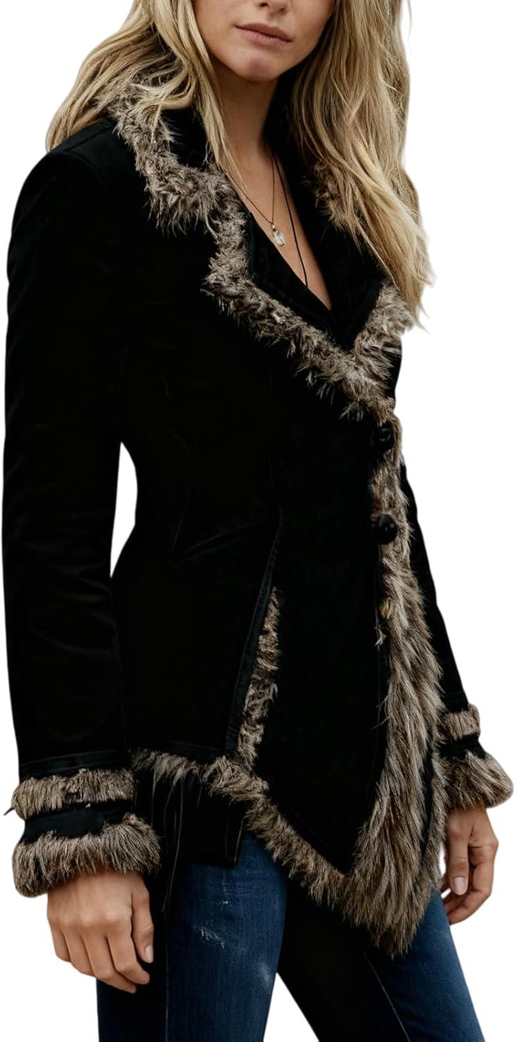 imageCanbebig Suede Jackets for Women Sherpa Lined Suede Jacket Notch Lapel Button Down Coat Fuzzy Faux Fur Trim Beggar Style CoatBlack