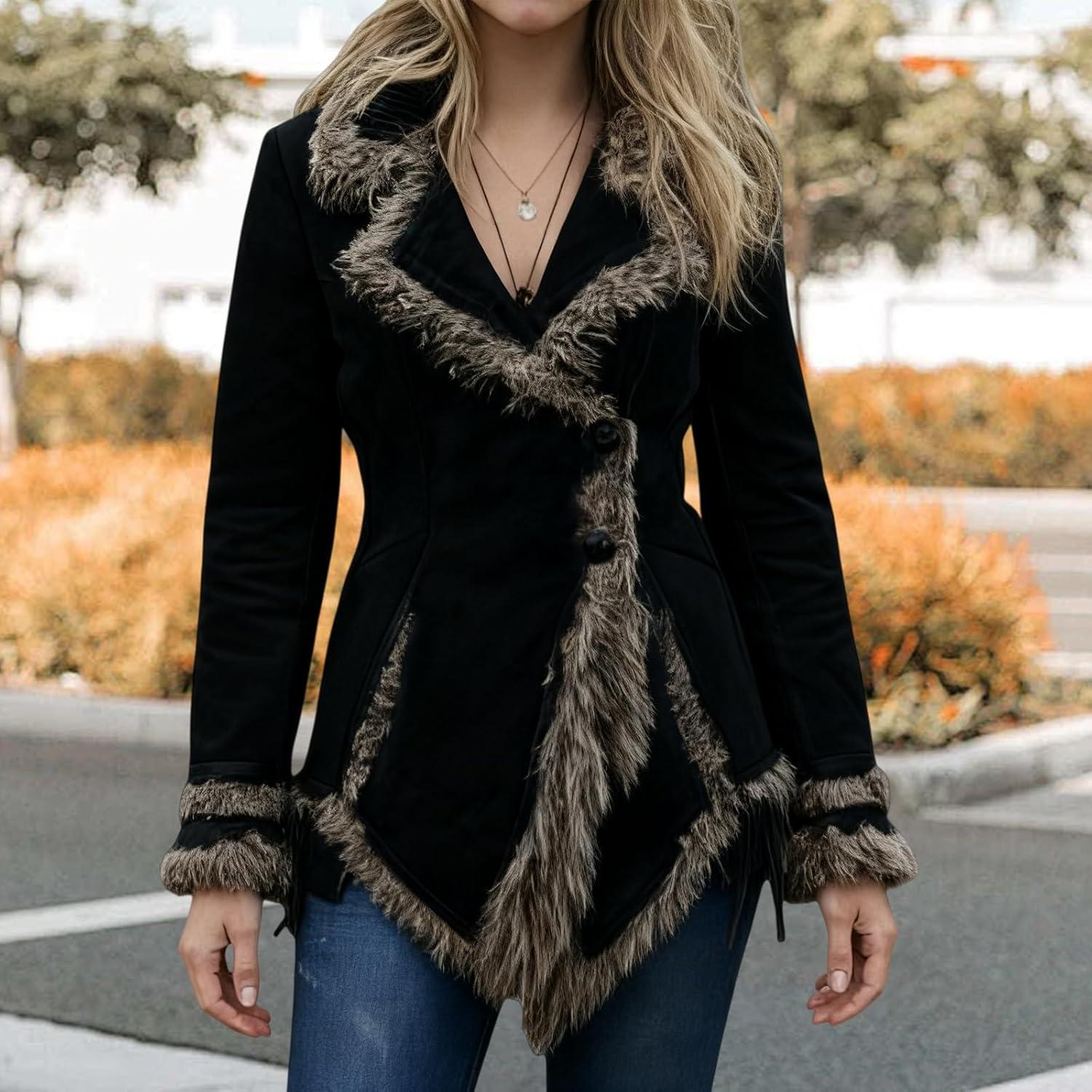 imageCanbebig Suede Jackets for Women Sherpa Lined Suede Jacket Notch Lapel Button Down Coat Fuzzy Faux Fur Trim Beggar Style CoatBlack