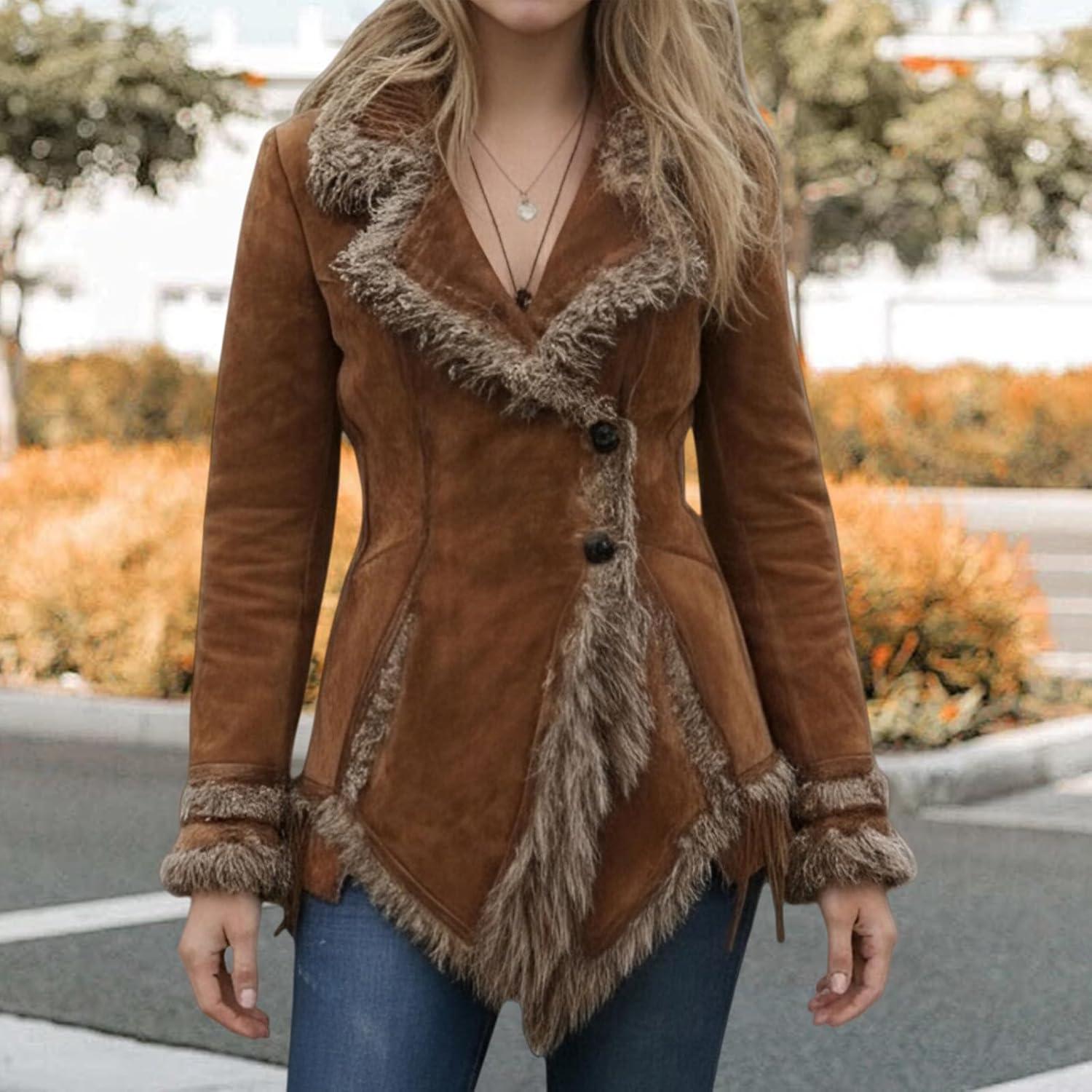 imageCanbebig Suede Jackets for Women Sherpa Lined Suede Jacket Notch Lapel Button Down Coat Fuzzy Faux Fur Trim Beggar Style CoatBrown