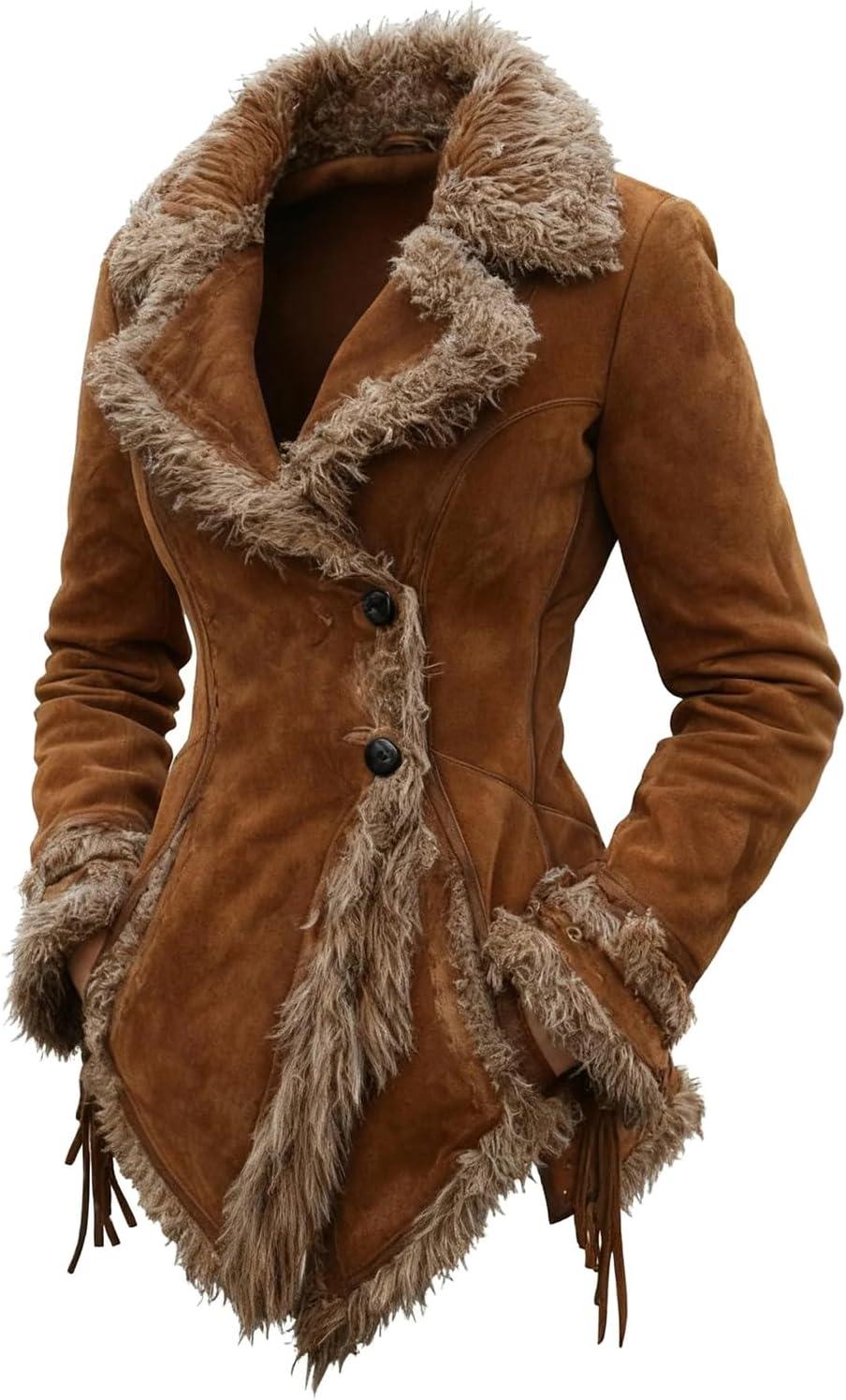 imageCanbebig Suede Jackets for Women Sherpa Lined Suede Jacket Notch Lapel Button Down Coat Fuzzy Faux Fur Trim Beggar Style CoatBrown