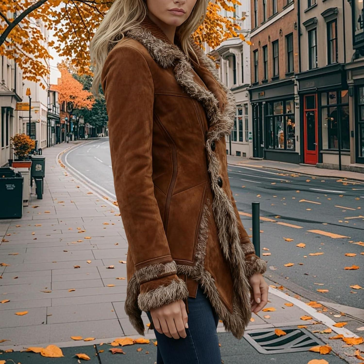 imageCanbebig Suede Jackets for Women Sherpa Lined Suede Jacket Notch Lapel Button Down Coat Fuzzy Faux Fur Trim Beggar Style CoatBrown
