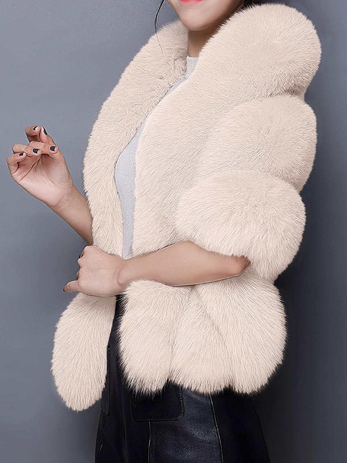 imageCaracilia Women Luxury Faux Fur Coat Jackets Wrap Cape Shawl for Wedding PartyBeige