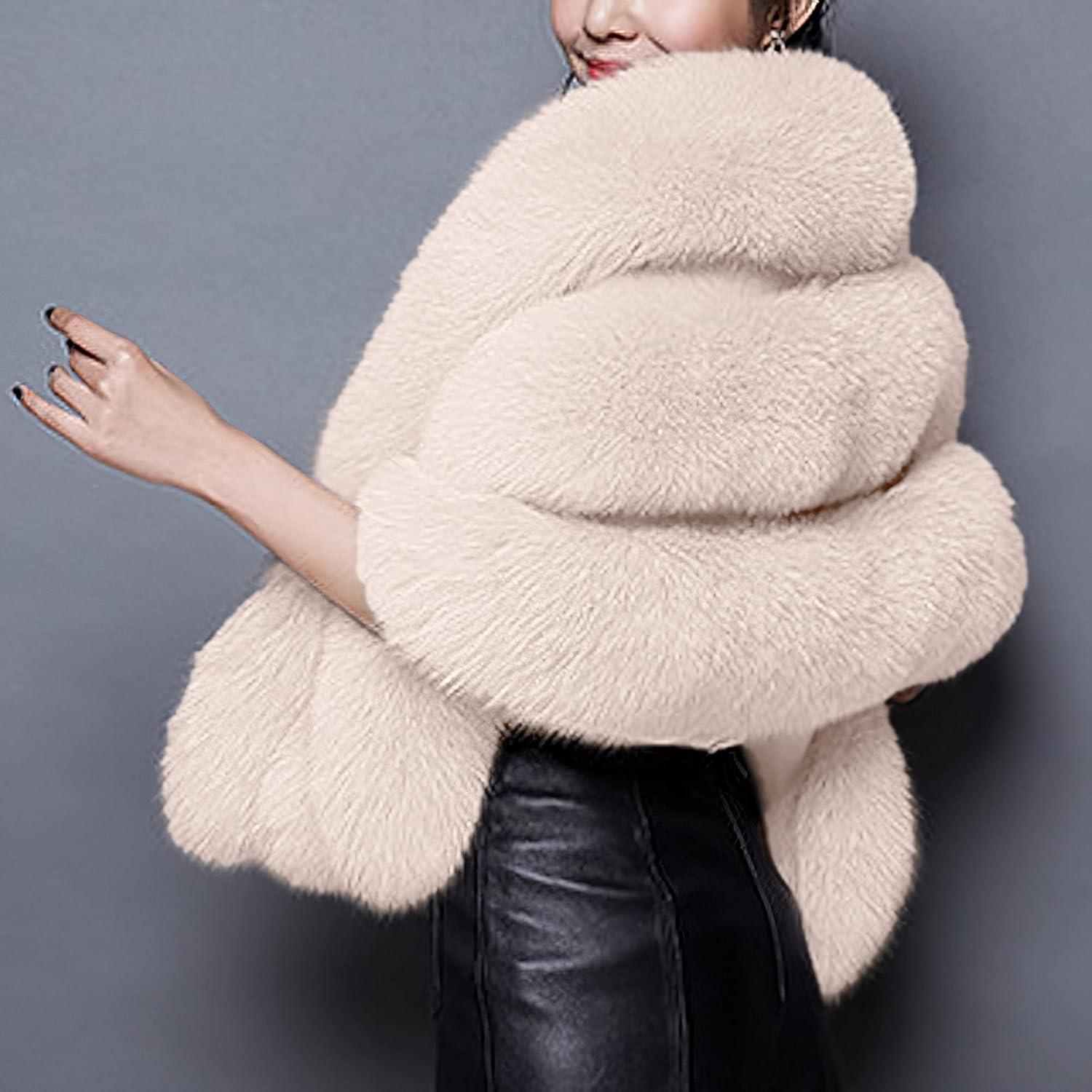 imageCaracilia Women Luxury Faux Fur Coat Jackets Wrap Cape Shawl for Wedding PartyBeige