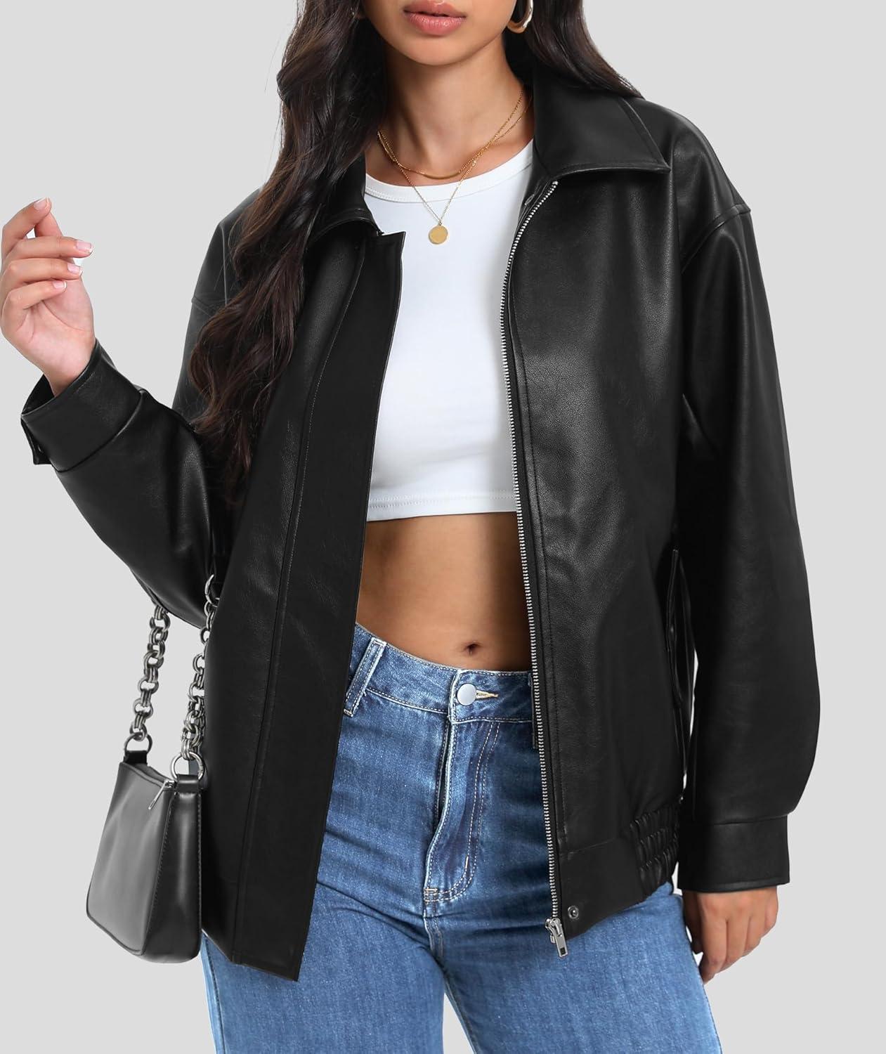 imageCasly Lamiit Womens Faux Leather Jacket Oversized Motorcycle Zipper Bomber Coats Fashion Casual Travel OutfitsBlack