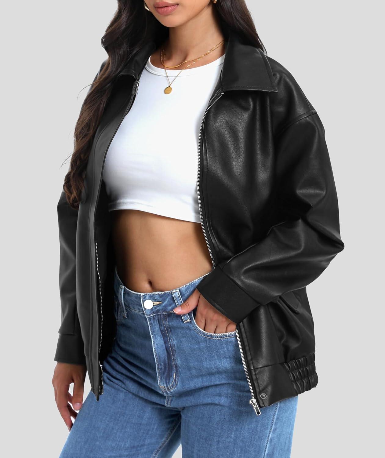 imageCasly Lamiit Womens Faux Leather Jacket Oversized Motorcycle Zipper Bomber Coats Fashion Casual Travel OutfitsBlack