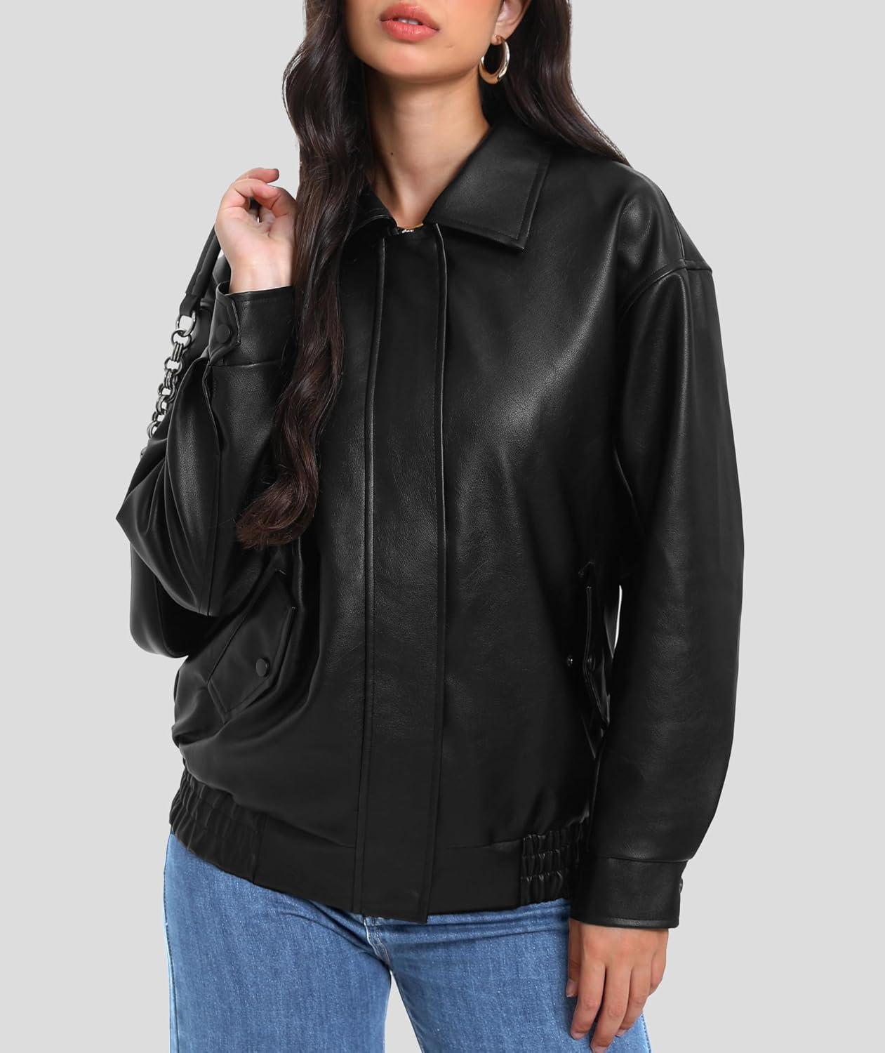 imageCasly Lamiit Womens Faux Leather Jacket Oversized Motorcycle Zipper Bomber Coats Fashion Casual Travel OutfitsBlack