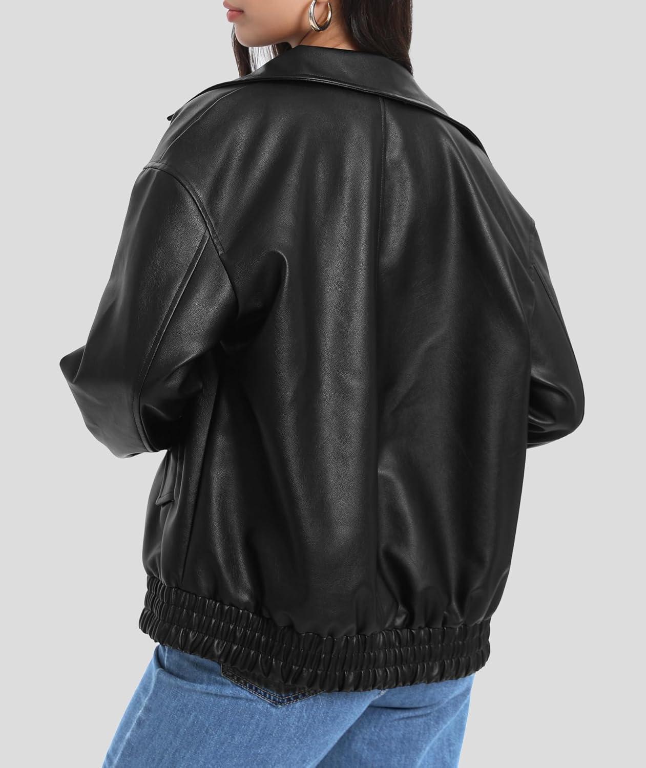 imageCasly Lamiit Womens Faux Leather Jacket Oversized Motorcycle Zipper Bomber Coats Fashion Casual Travel OutfitsBlack