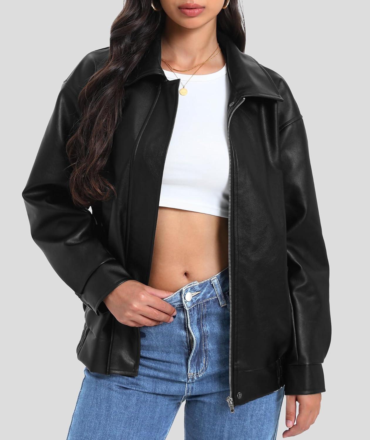 imageCasly Lamiit Womens Faux Leather Jacket Oversized Motorcycle Zipper Bomber Coats Fashion Casual Travel OutfitsBlack