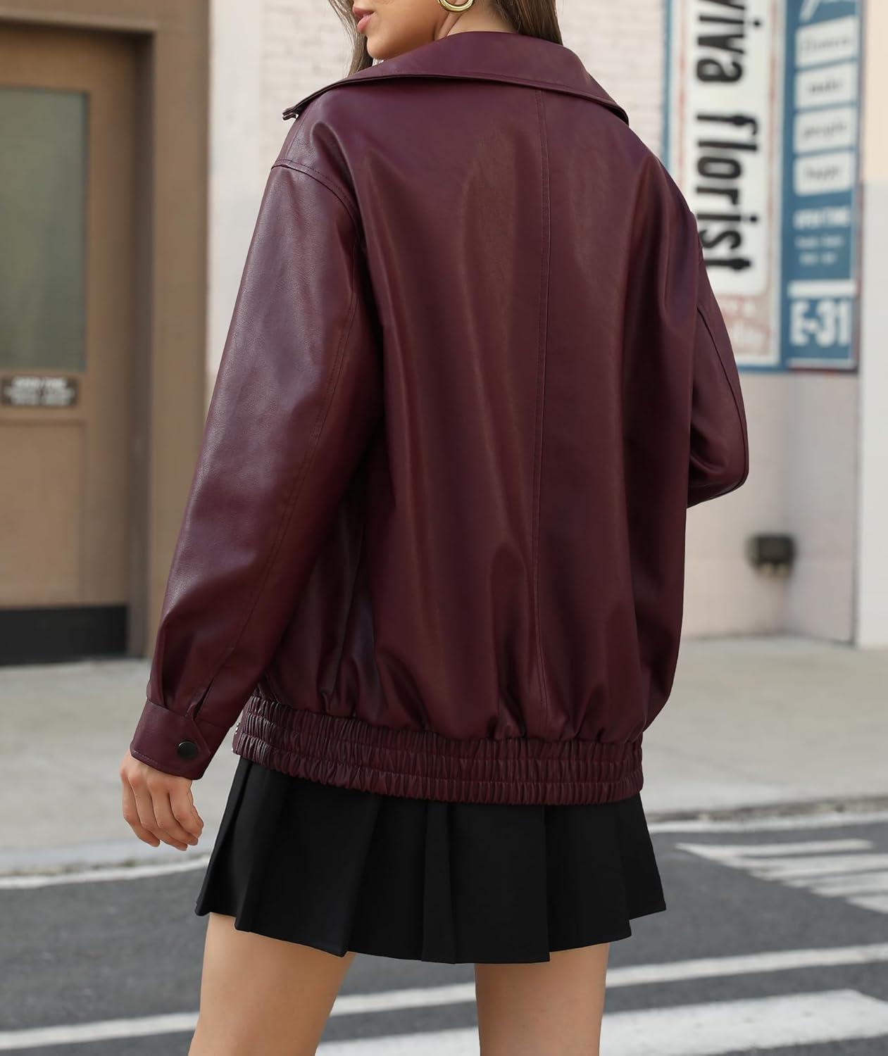 imageCasly Lamiit Womens Faux Leather Jacket Oversized Motorcycle Zipper Bomber Coats Fashion Casual Travel OutfitsBurgundy