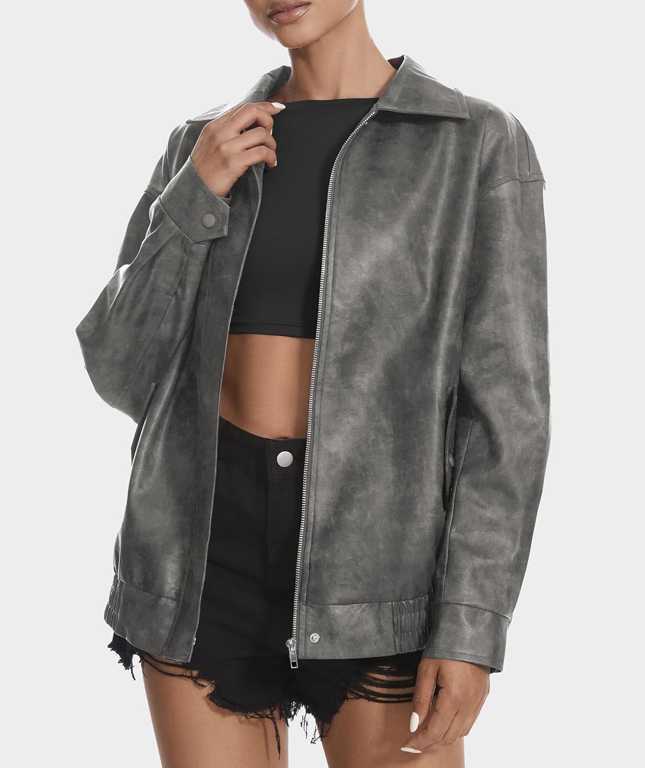 imageCasly Lamiit Womens Faux Leather Jacket Oversized Motorcycle Zipper Bomber Coats Fashion Casual Travel OutfitsGrey