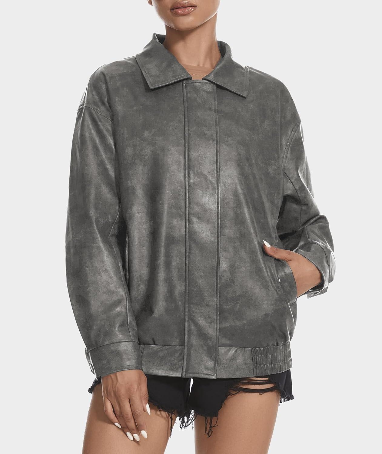 imageCasly Lamiit Womens Faux Leather Jacket Oversized Motorcycle Zipper Bomber Coats Fashion Casual Travel OutfitsGrey