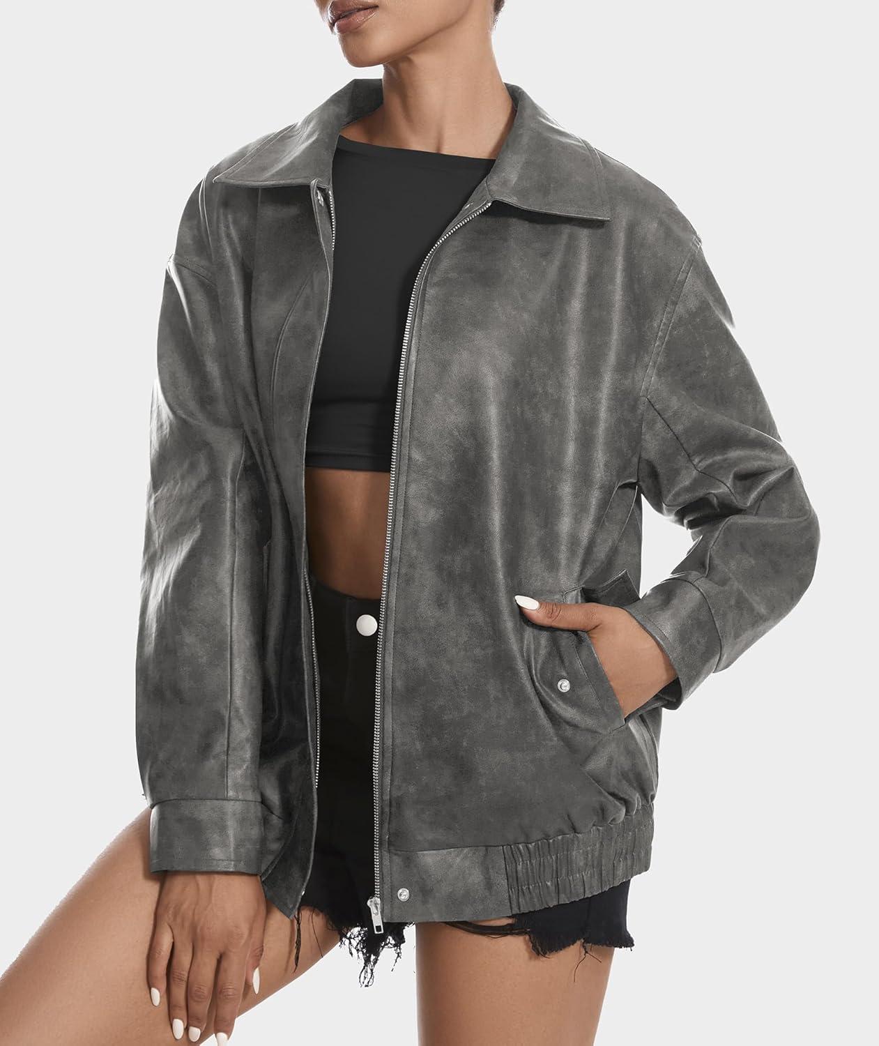 imageCasly Lamiit Womens Faux Leather Jacket Oversized Motorcycle Zipper Bomber Coats Fashion Casual Travel OutfitsGrey