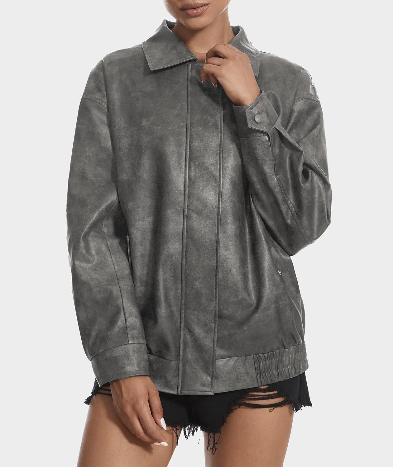imageCasly Lamiit Womens Faux Leather Jacket Oversized Motorcycle Zipper Bomber Coats Fashion Casual Travel OutfitsGrey